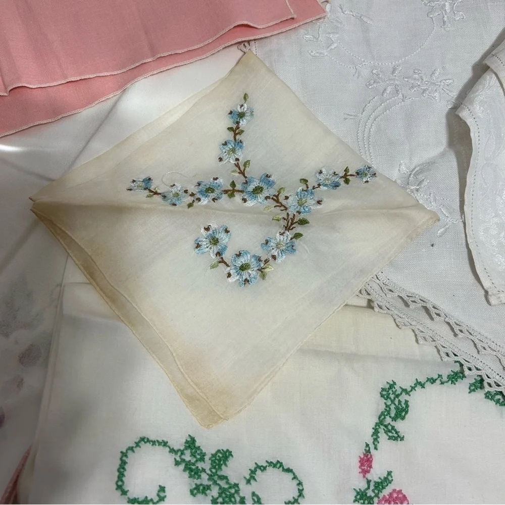 Vintage Embroidered Pillow Case Lace Doily Napkins Handkerchief Mixed Lot Bundle